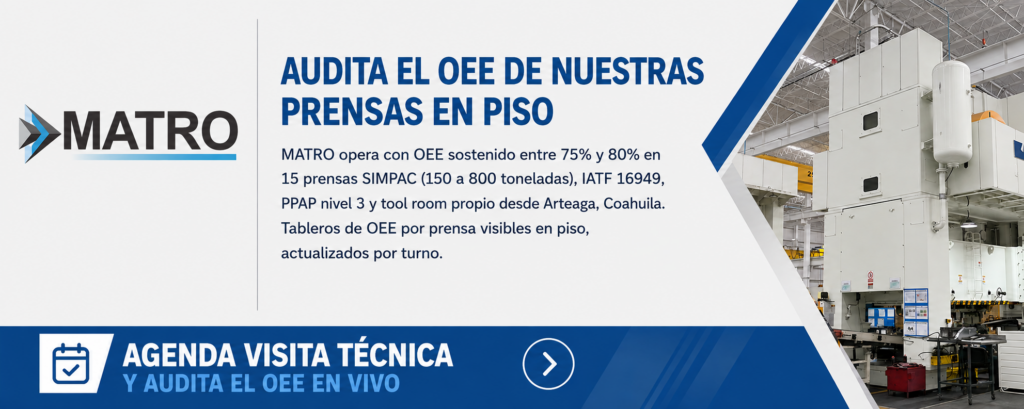 AUDITA EL OEE DE NUESTRAS PRENSAS EN PISO
MATRO opera con OEE sostenido entre 75% y 80% en 15 prensas SIMPAC (150 a 800 toneladas), IATF 16949, PPAP nivel 3 y tool room propio desde Arteaga, Coahuila. Tableros de OEE por prensa visibles en piso, actualizados por turno.
▶ Agenda visita técnica y audita el OEE en vivo