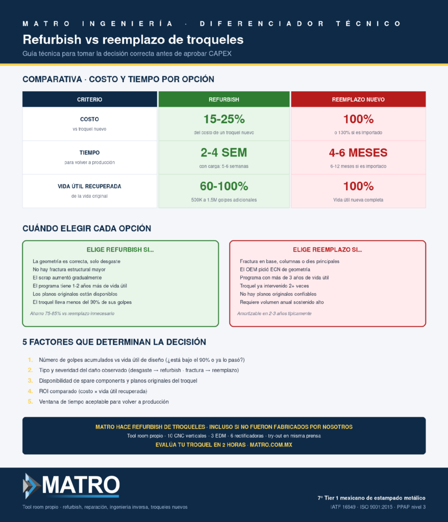 MATRO INGENIERÍA · DIFERENCIADOR TÉCNICO
Refurbish vs reemplazo de troqueles
Guía técnica para tomar la decisión correcta antes de aprobar CAPEX
COMPARATIVA · COSTO Y TIEMPO POR OPCIÓN
CRITERIO REFURBISH REEMPLAZO NUEVO
COSTO — vs troquel nuevo 15-25% — del costo de un troquel nuevo 100% — o 130% si es importado
TIEMPO — para volver a producción 2-4 SEM — con carga: 5-6 semanas 4-6 MESES — 6-12 meses si es importado
VIDA ÚTIL RECUPERADA — de la vida original 60-100% — 500K a 1.5M golpes adicionales 100% — Vida útil nueva completa
CUÁNDO ELEGIR CADA OPCIÓN
ELIGE REFURBISH SI...
La geometría es correcta, solo desgaste
No hay fractura estructural mayor
El scrap aumentó gradualmente
El programa tiene 1-2 años más de vida útil
Los planos originales están disponibles
El troquel lleva menos del 90% de sus golpes
Аhorro 75-85% vs reemplazo innecesario
ELIGE REEMPLAZO SI...
Fractura en base, columnas o dies principales
El OEM pidió ECN de geometría
Programa con más de 3 años de vida útil
Troquel ya intervenido 2+ veces
No hay planos originales confiables
Requiere volumen anual sostenido alto
Amortizable en 2-3 años típicamente
5 FACTORES QUE DETERMINAN LA DECISIÓN
1. Número de golpes acumulados vs vida útil de diseño (¿está bajo el 90% o ya lo pasó?)
2. Tipo y severidad del daño observado (desgaste → refurbish · fractura → reemplazo)
3. Disponibilidad de spare components y planos originales del troquel
4. ROI comparado (costo × vida útil recuperada)
5. Ventana de tiempo aceptable para volver a producción
MATRO HACE REFURBISH DE TROQUELES · INCLUSO SI NO FUERON FABRICADOS POR NOSOTROS
Tool room propio · 10 CNC verticales · 3 EDM · 6 rectificadoras · try-out en misma prensa
EVALÚA TU TROQUEL EN 2 HORAS · MATRO.COM.MX
MATRO
Tool room propio · refurbish, reparación, ingeniería inversa, troqueles nuevos
7° Tier 1 mexicano de estampado metálico
IATF 16949 · ISO 9001:2015 · PPAP nivel 3